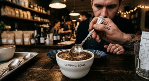 Barista melakukan proses break the crust saat pengujian cupping kopi.