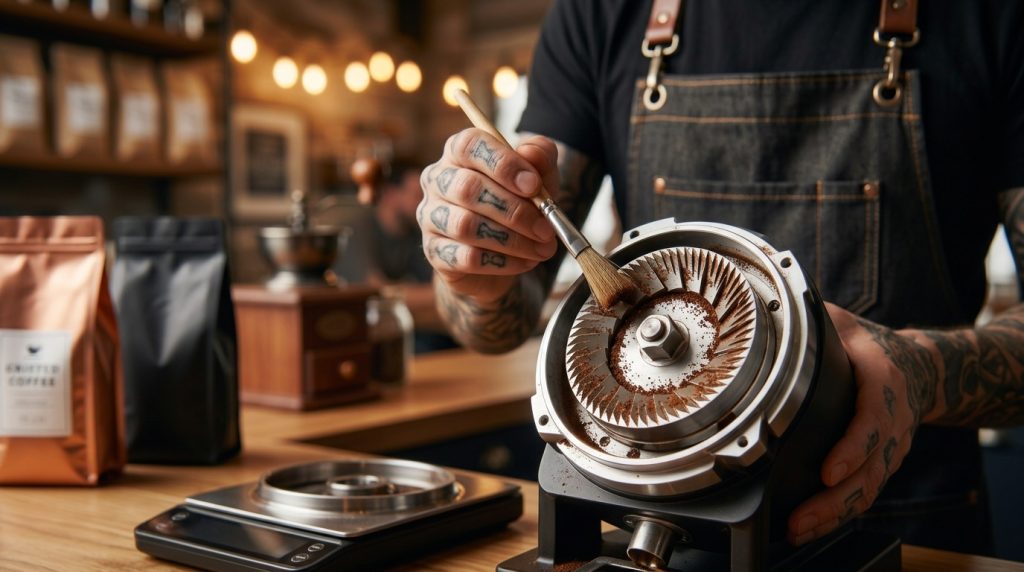 Barista membersihkan komponen pisau burr pada mesin grinder kopi.