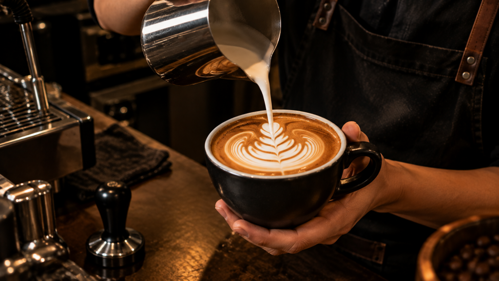 Barista memperagakan penuangan susu hasil teknik microfoam susu untuk membuat latte art.