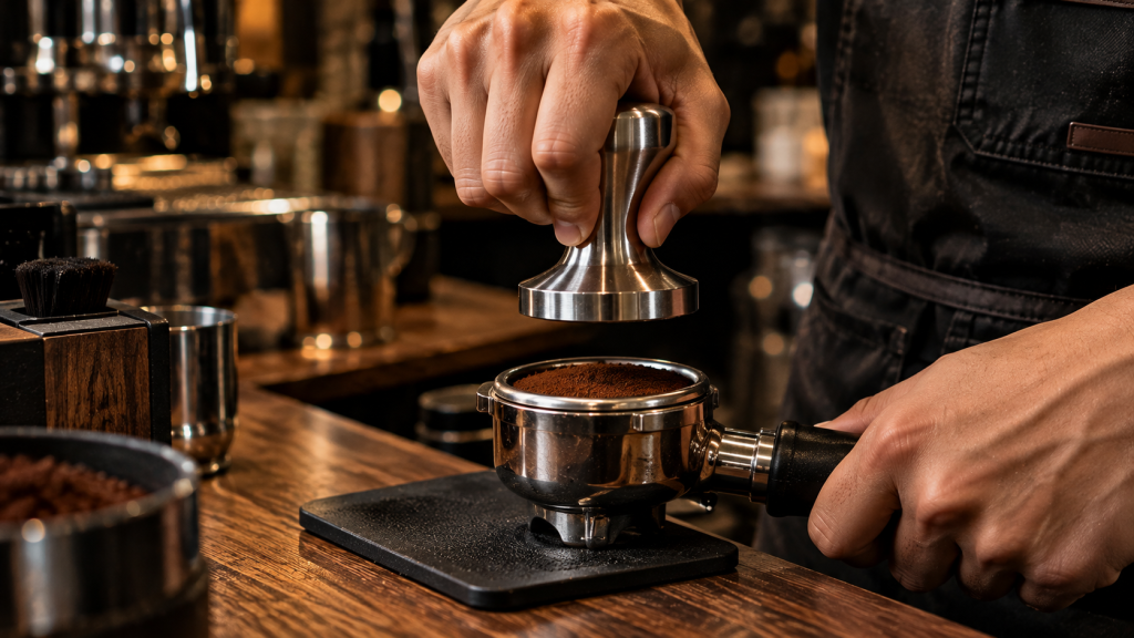 Barista memperagakan teknik tamping espresso yang presisi di atas portafilter.