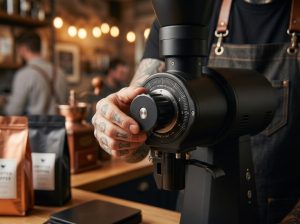 Barista mengatur kenop kalibrasi grinder kopi untuk mendapatkan tingkat kehalusan yang presisi.