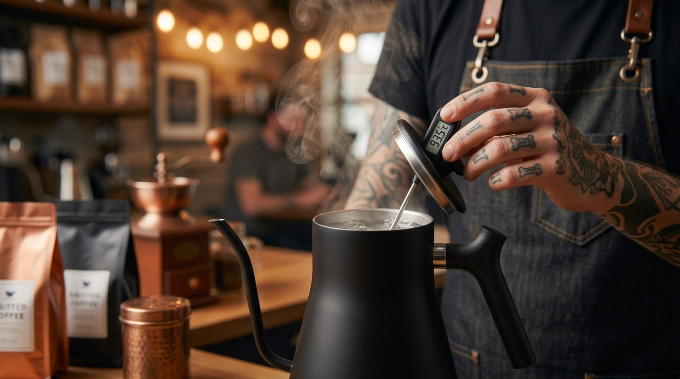 Barista mengukur suhu air seduhan kopi menggunakan termometer digital pada teko leher angsa.