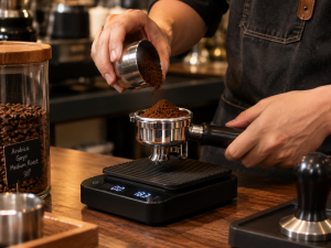 Barista menimbang dosis bubuk kopi secara presisi menggunakan timbangan digital.
