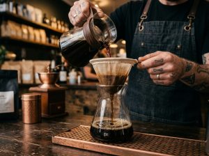 Barista menyaring ampas kopi secara bersih pada proses metode cold brew kopi.