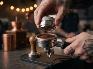 Proses ekstraksi espresso dari bottomless portafilter yang ditimbang secara digital.