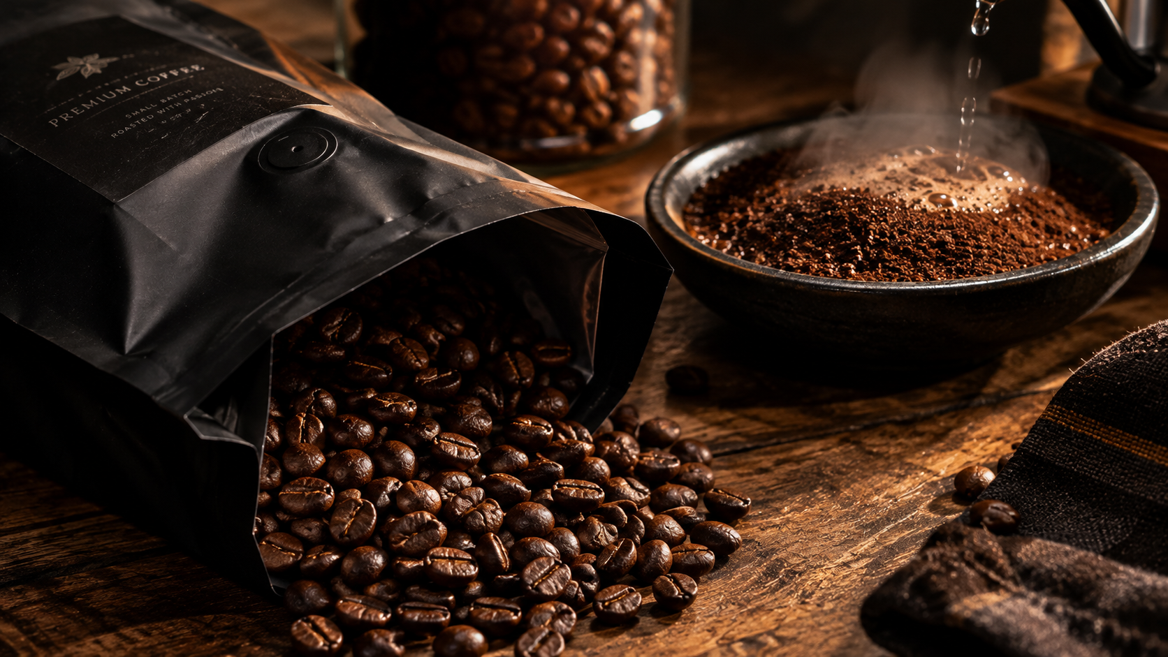 Biji kopi sangrai yang disimpan dalam kemasan berkatup khusus untuk proses degassing biji kopi