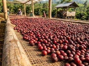 Ceri kopi segar yang dikeringkan pada proses pascapanen kopi secara alami.