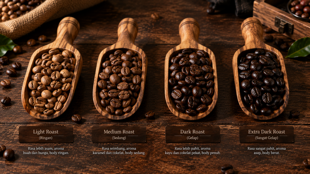 Empat tingkatan warna biji kopi berdasarkan tingkat sangrai kopi dari light hingga dark roast.