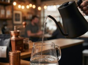 Kucuran air jernih berkualitas tinggi untuk menyeduh kopi.