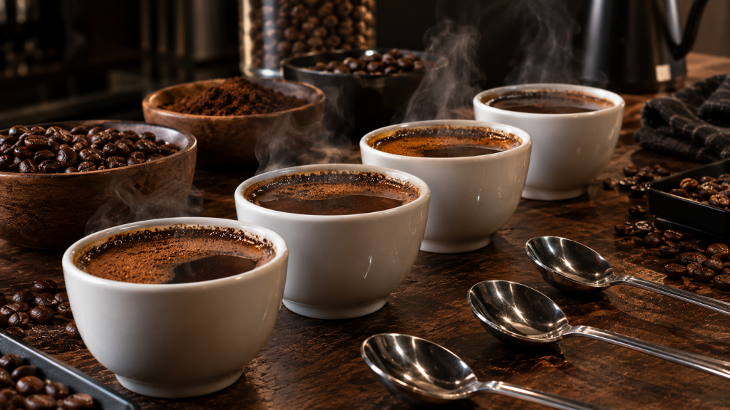Meja persiapan metode cupping kopi lengkap dengan mangkuk dan sendok khusus.