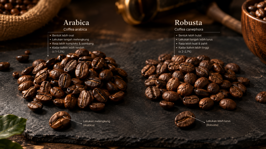 Perbandingan bentuk fisik dan karakter biji kopi arabika dan robusta.