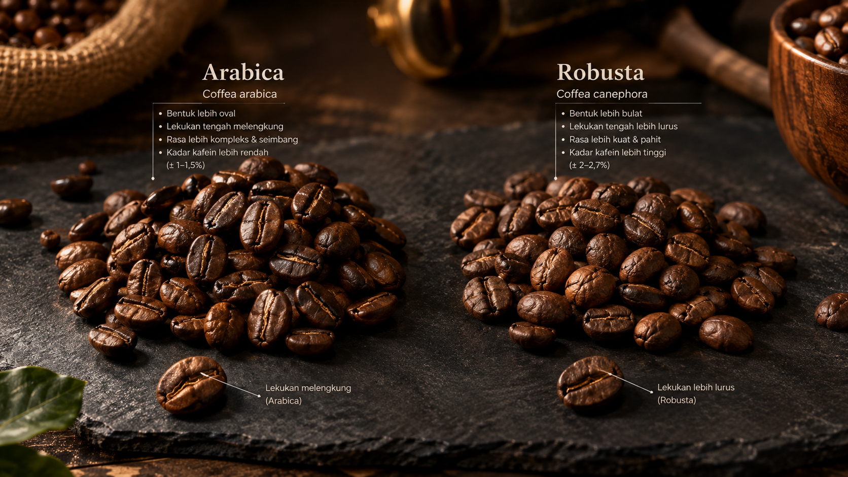 Perbandingan bentuk fisik dan karakter biji kopi arabika dan robusta.