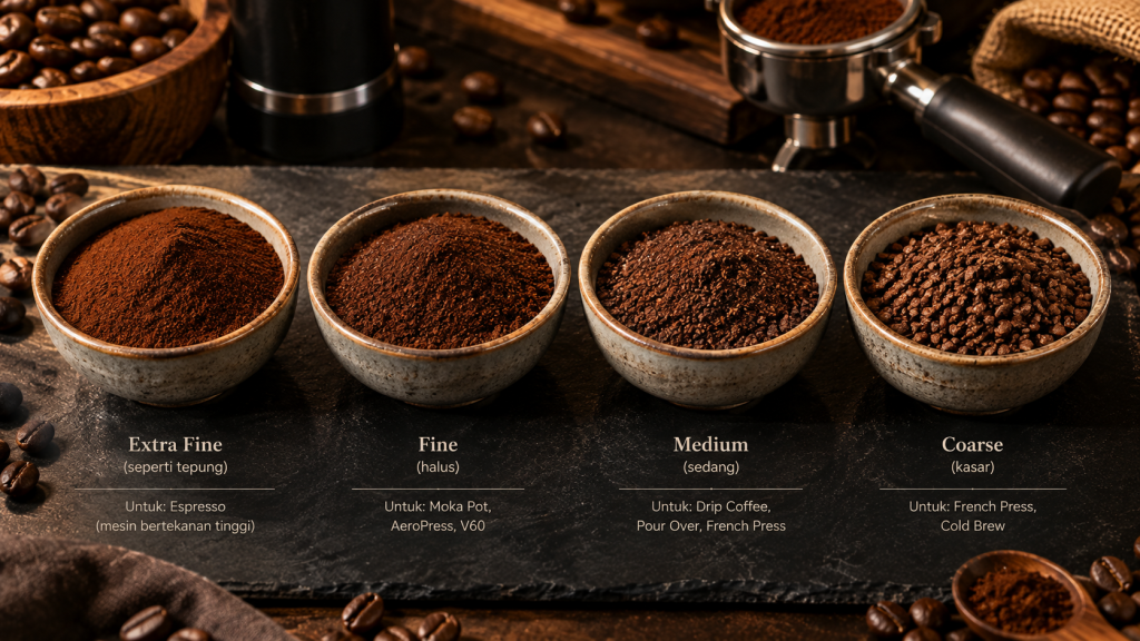 Perbandingan tingkat kehalusan grind size kopi dari bubuk halus hingga kasar.