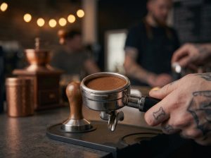 Permukaan piringan kopi padat yang siap diseduh setelah teknik tamping espresso.
