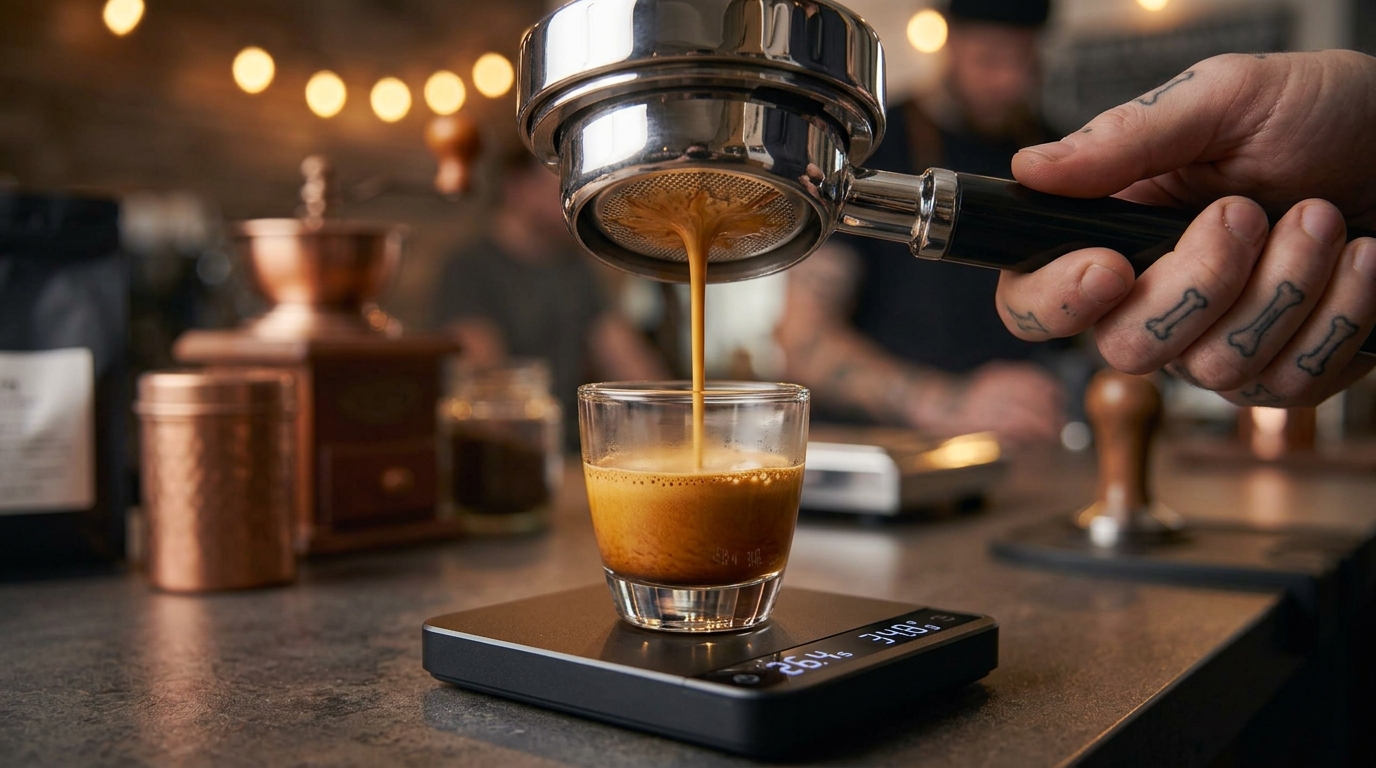 Proses ekstraksi espresso dari bottomless portafilter yang ditimbang secara digital.