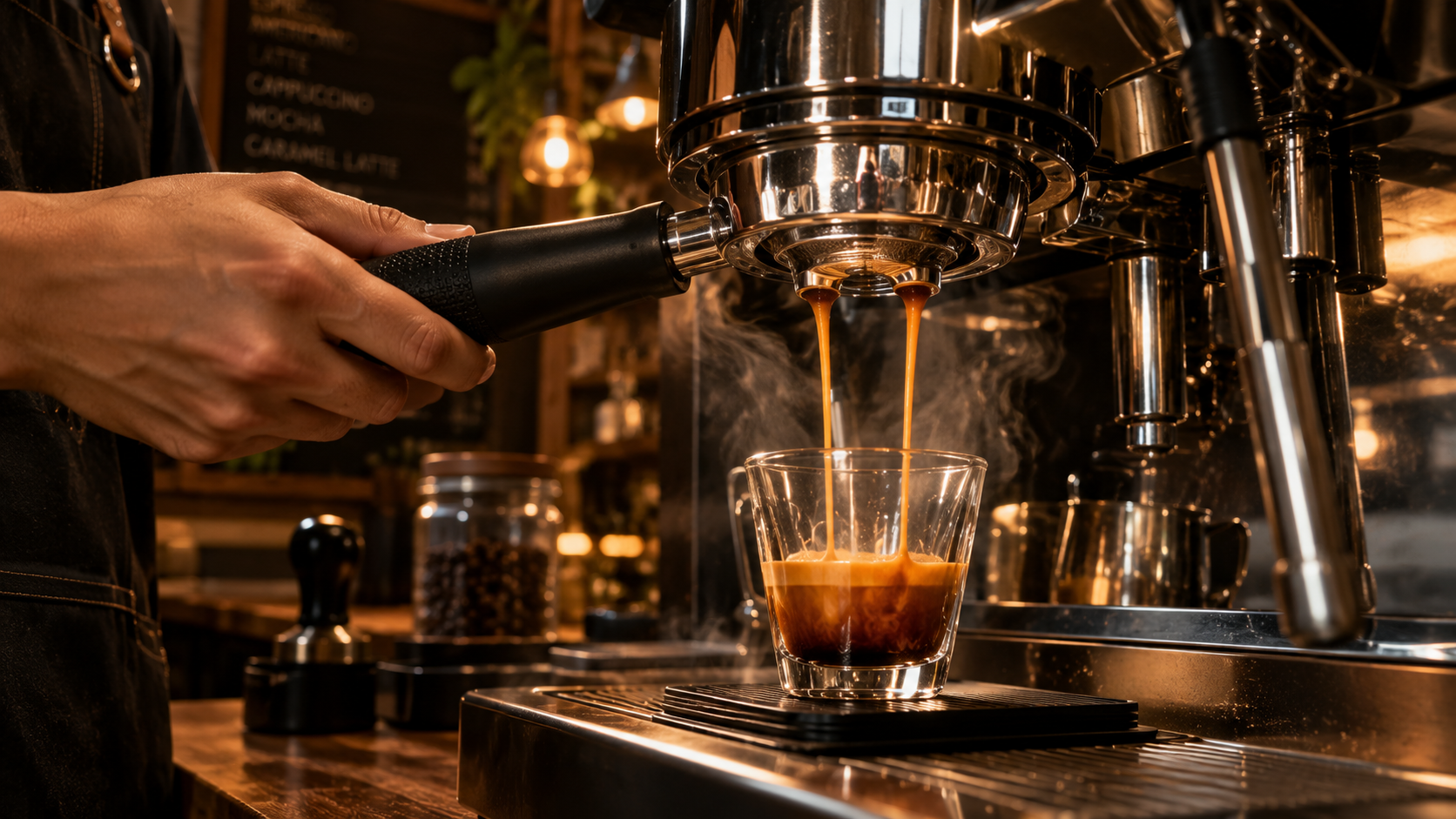 Proses ekstraksi espresso menggunakan portafilter untuk menghasilkan rasa kopi seimbang.