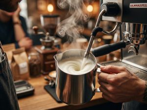 Proses frothing susu menggunakan steam wand pada milk pitcher untuk menciptakan busa halus.