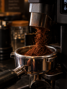 Proses keluarnya hasil gilingan grind size kopi dari mesin ke dalam portafilter.