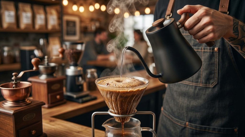 Proses menyeduh kopi menggunakan metode manual brew V60 dengan teko leher angsa.