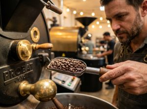 Proses pemeriksaan warna biji kopi saat mengontrol tingkat sangrai kopi.