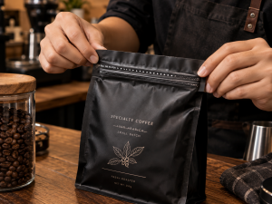 Proses penyegelan kemasan kedap udara untuk menjaga kualitas biji kopi.