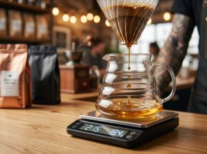 Tetesan seduhan kopi V60 tertampung di dalam glass server di atas timbangan digital.
