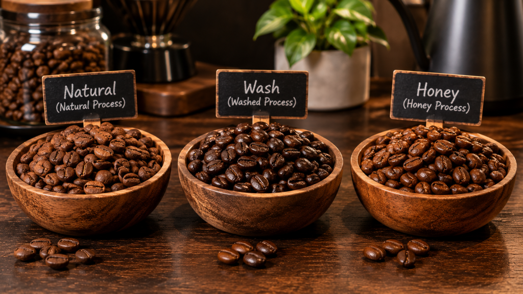 Tiga jenis biji kopi dari proses pascapanen kopi natural, wash, dan honey.
