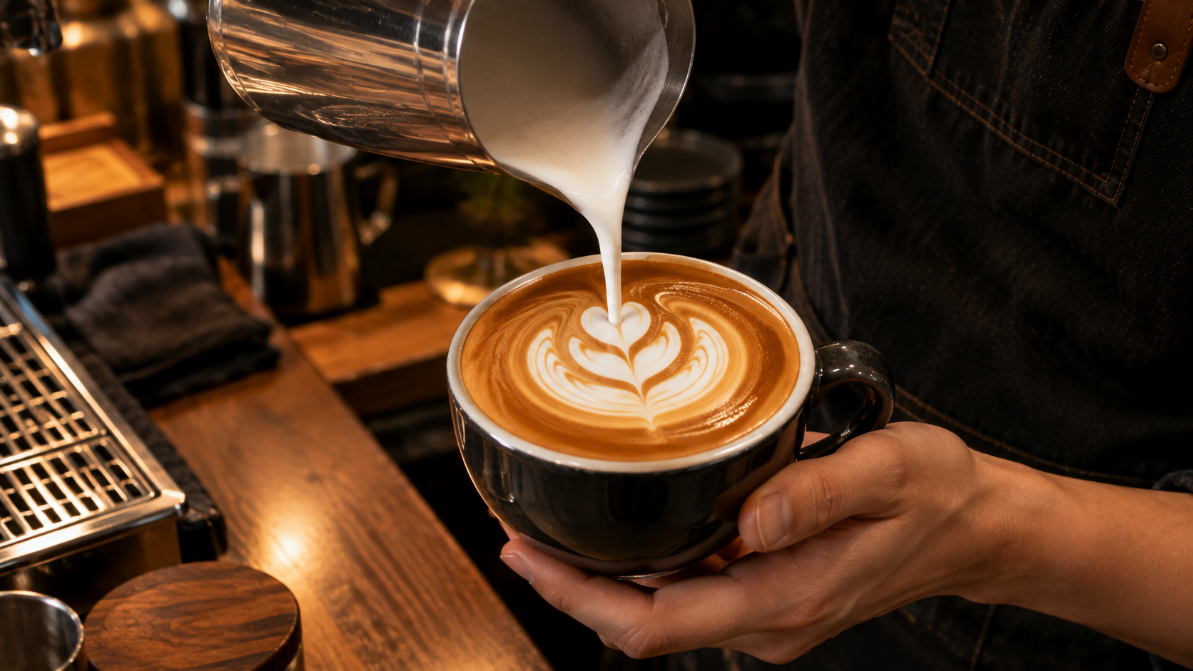 arista menuangkan microfoam hasil frothing susu untuk membuat latte art pada cangkir kopi.